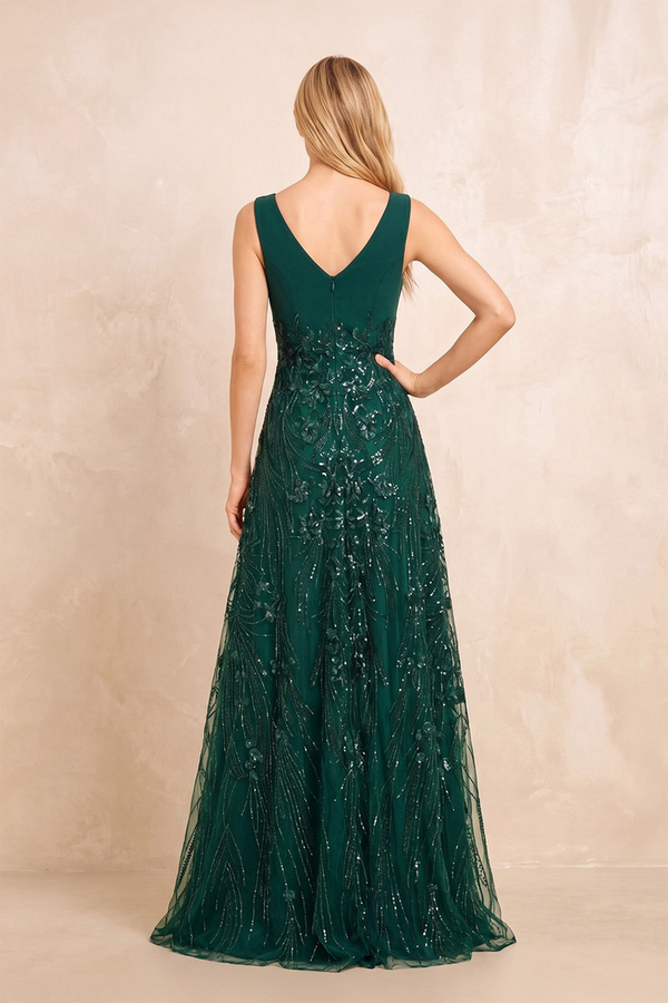 Dark Green V-Neck A-Line Embroidered Tulle Mother of the Bride Dress with Slit (2) | KISSBRIDAL