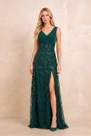 Dark Green V-Neck A-Line Embroidered Tulle Mother of the Bride Dress with Slit | KISSBRIDAL