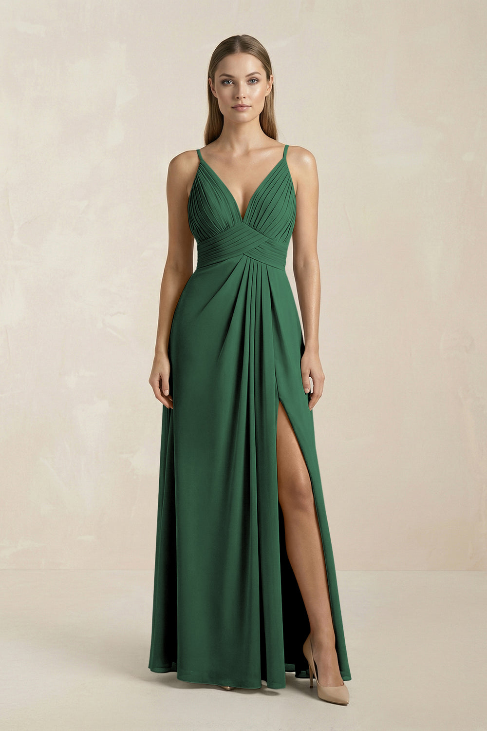 V-Neck A-Line Pleated Chiffon Bridesmaid Dress in Dark Green