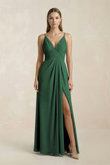 Dark Green V-Neck A-Line Pleated Chiffon Bridesmaid Dress | KISSBRIDAL