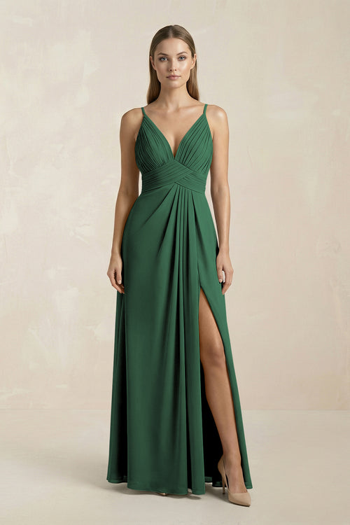 Dark Green V-Neck A-Line Pleated Chiffon Bridesmaid Dress | KISSBRIDAL