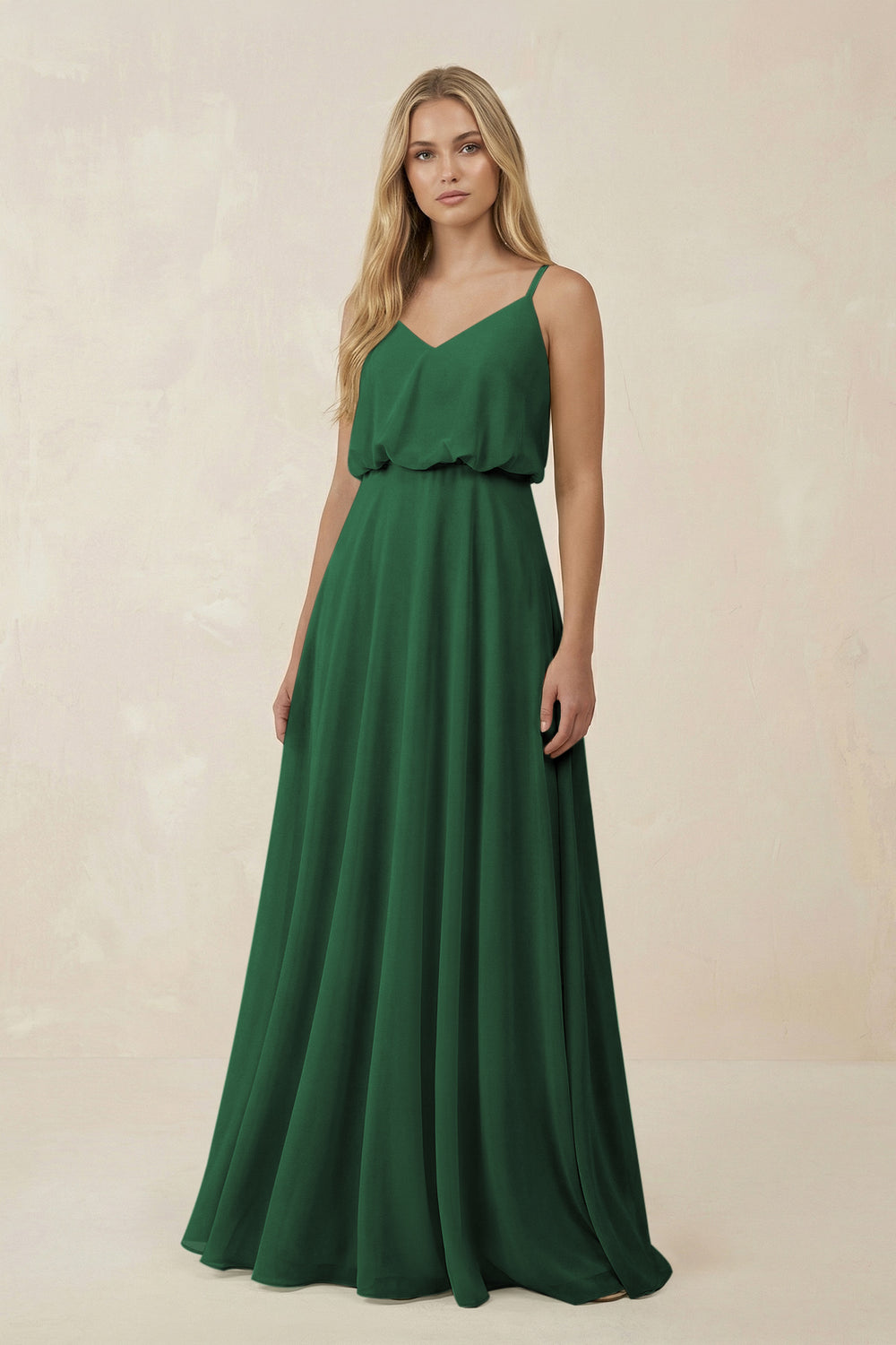 V-Neck Blouson A-Line Chiffon Bridesmaid Dress in Dark Green