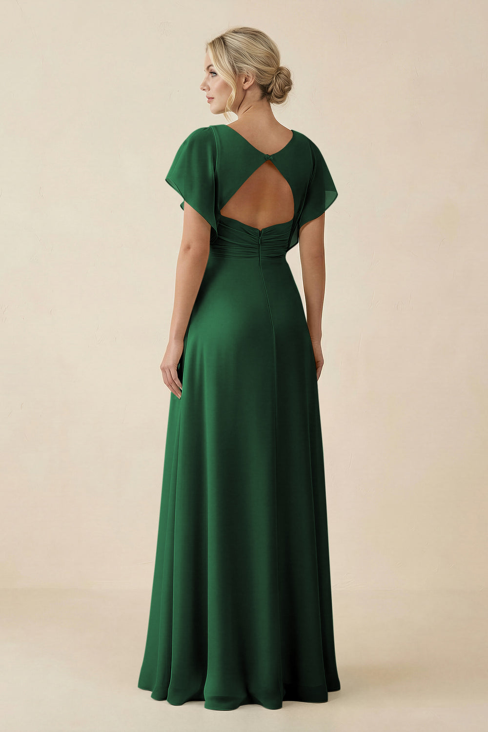 V-Neck Cap Sleeve Chiffon Bridesmaid Dress with Cut-out Back in Dark Green