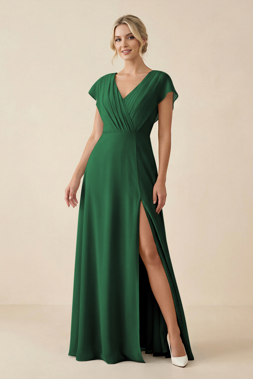 V-Neck Cap Sleeve Chiffon Bridesmaid Dress with Cut-out Back in Dark Green