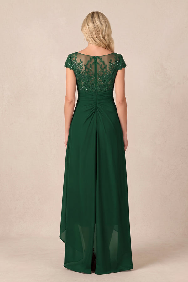 Dark Green V-Neck Chiffon A-Line Embroidered Ruched Mother of the Bride Dress (2) | KISSBRIDAL