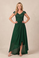 Dark Green V-Neck Chiffon A-Line Embroidered Ruched Mother of the Bride Dress | KISSBRIDAL