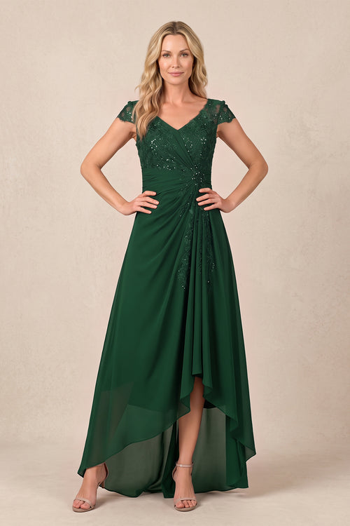 Dark Green V-Neck Chiffon A-Line Embroidered Ruched Mother of the Bride Dress | KISSBRIDAL