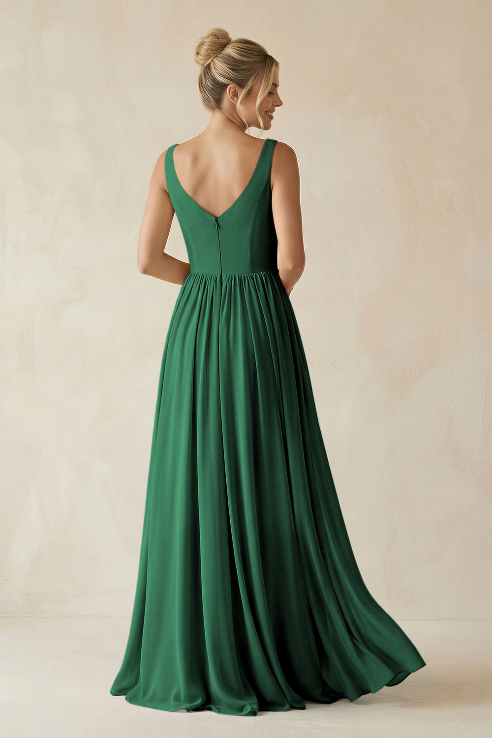 V-Neck Chiffon A-Line Long Bridesmaid Dress in Dark Green