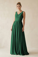 Dark Green V-Neck Chiffon A-Line Long Bridesmaid Dress | KISSBRIDAL