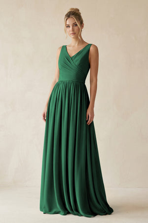 Dark Green V-Neck Chiffon A-Line Long Bridesmaid Dress | KISSBRIDAL