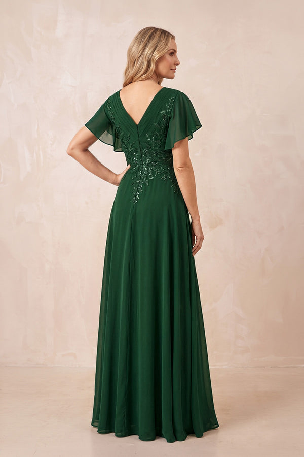 Dark Green V-Neck Chiffon Ruffled Sleeves A-Line Mother of the Bride Dress (2) | KISSBRIDAL