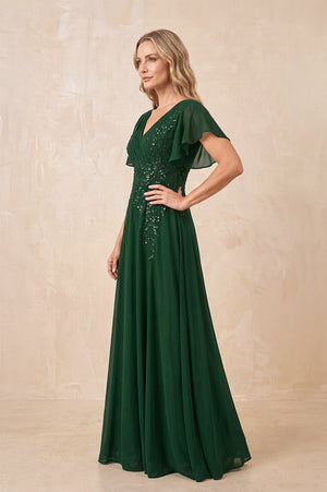 Dark Green V-Neck Chiffon Ruffled Sleeves A-Line Mother of the Bride Dress (3) | KISSBRIDAL