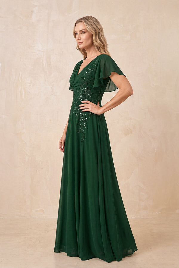 Dark Green V-Neck Chiffon Ruffled Sleeves A-Line Mother of the Bride Dress (3) | KISSBRIDAL