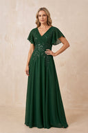 Dark Green V-Neck Chiffon Ruffled Sleeves A-Line Mother of the Bride Dress | KISSBRIDAL