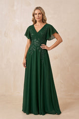 Dark Green V-Neck Chiffon Ruffled Sleeves A-Line Mother of the Bride Dress | KISSBRIDAL