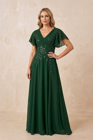 Dark Green V-Neck Chiffon Ruffled Sleeves A-Line Mother of the Bride Dress | KISSBRIDAL
