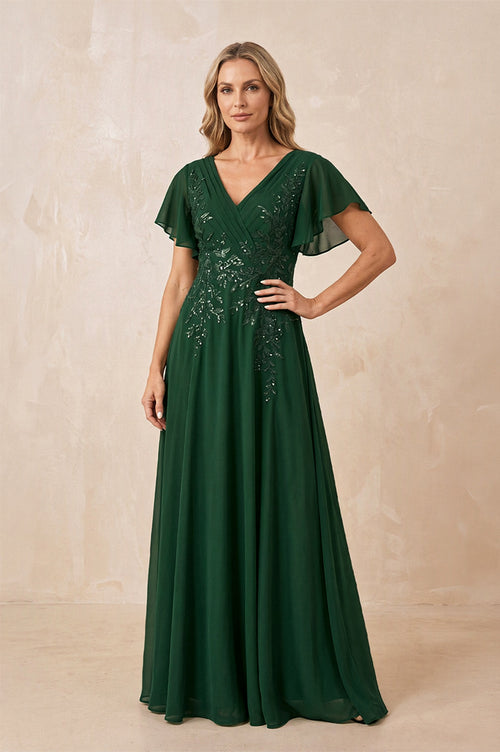 Dark Green V-Neck Chiffon Ruffled Sleeves A-Line Mother of the Bride Dress | KISSBRIDAL