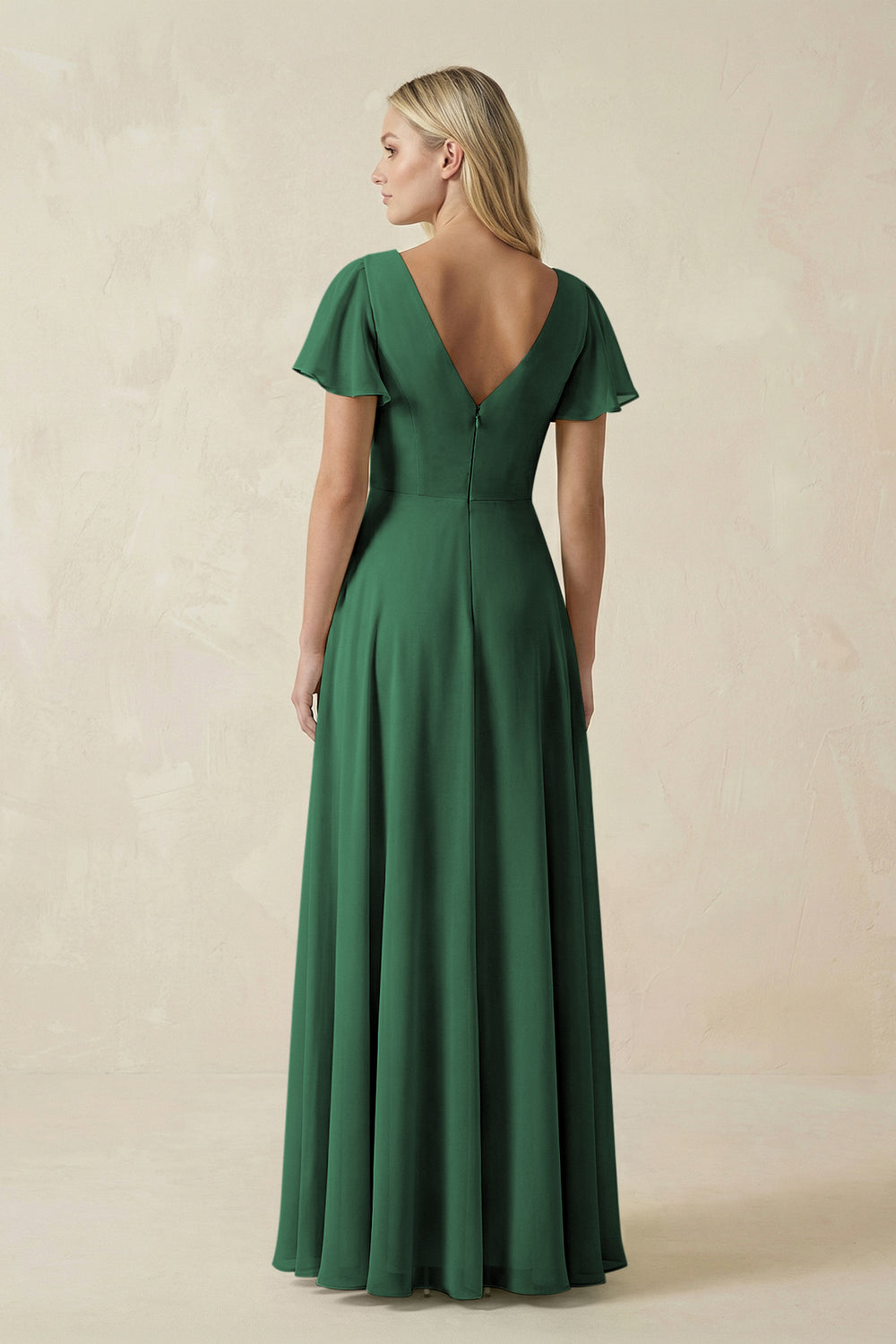 V-Neck Flutter Sleeve A-Line Chiffon Bridesmaid Dress in Dark Green