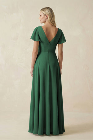 Dark Green V-Neck Flutter Sleeve A-Line Chiffon Bridesmaid Dress (2) | KISSBRIDAL