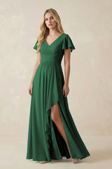 Dark Green V-Neck Flutter Sleeve A-Line Chiffon Bridesmaid Dress | KISSBRIDAL