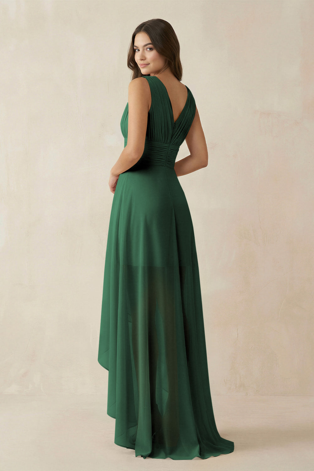V-Neck High-Low Chiffon Bridesmaid Dress in Dark Green