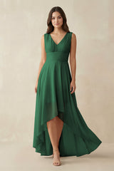 Dark Green V-Neck High-Low Chiffon Bridesmaid Dress | KISSBRIDAL