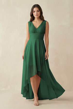 Dark Green V-Neck High-Low Chiffon Bridesmaid Dress | KISSBRIDAL