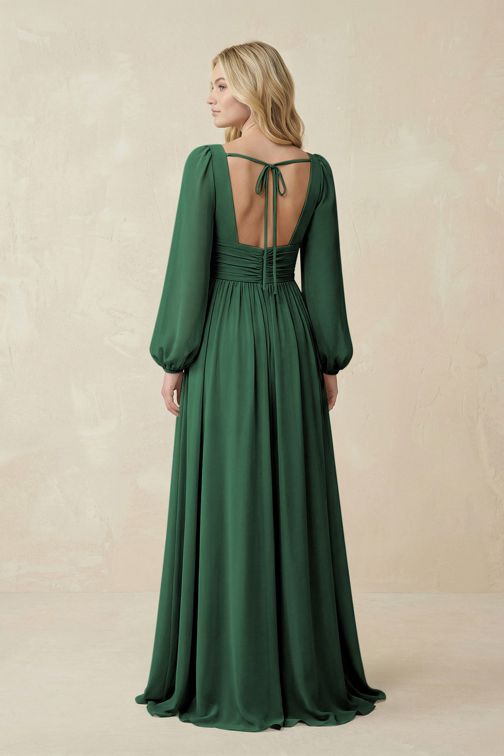 V-Neck Long Sleeve A-Line Chiffon Bridesmaid Dress in Dark Green