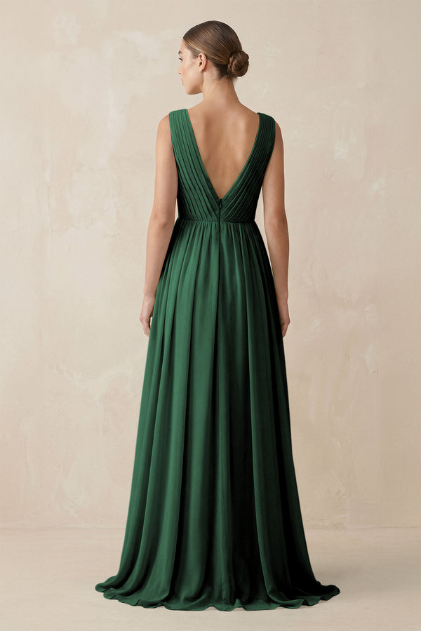 Dark Green V-Neck Pleated A-Line Chiffon Bridesmaid Dress (2) | KISSBRIDAL