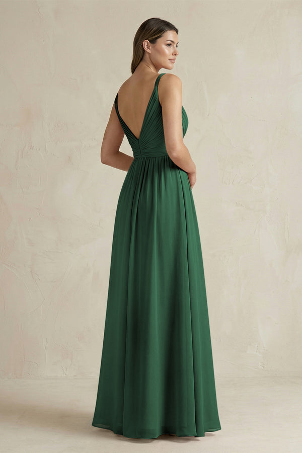 Dark Green V-Neck Pleated A-Line Chiffon Bridesmaid Dress (2) | KISSBRIDAL