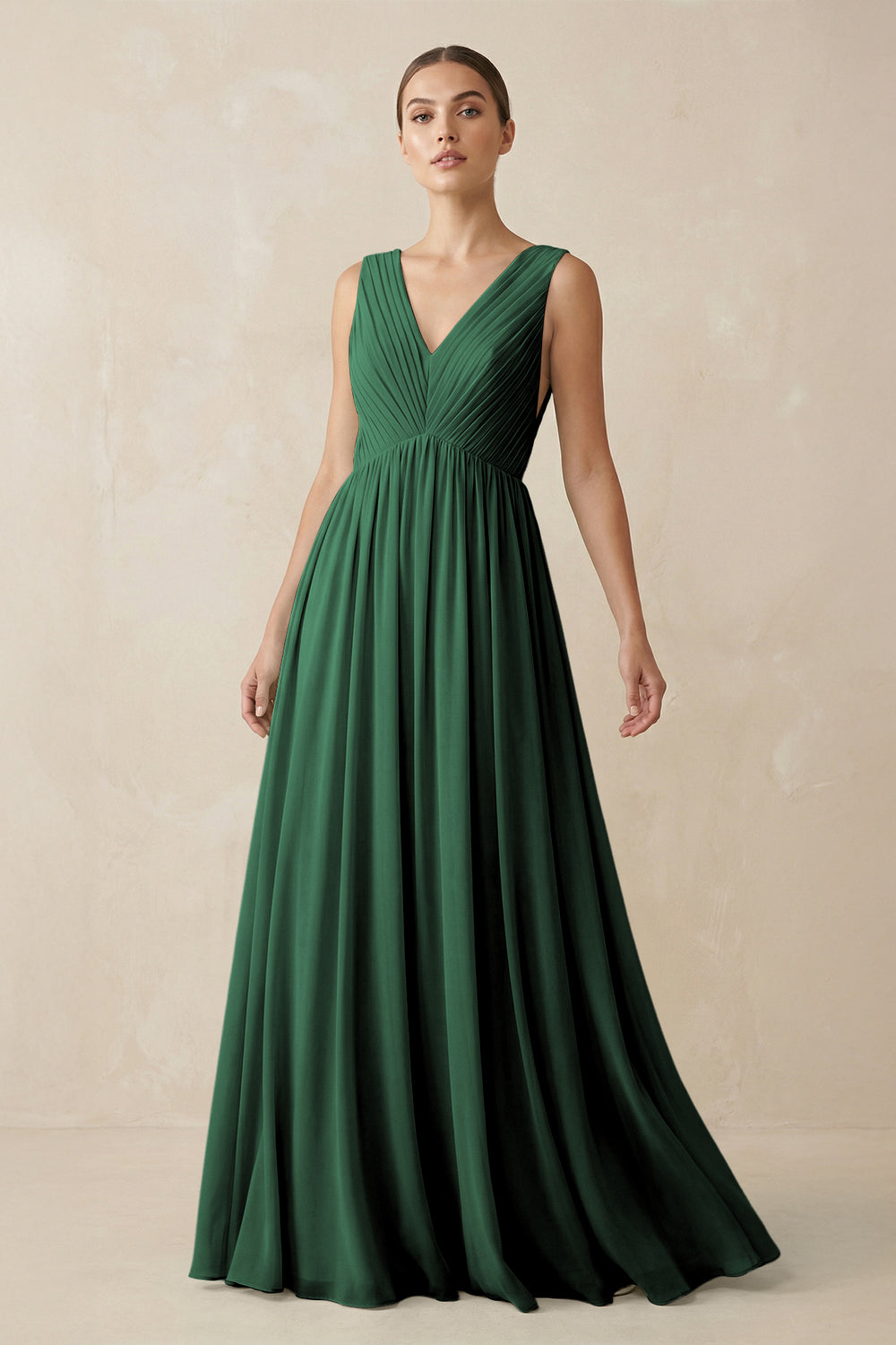 V-Neck Pleated A-Line Chiffon Bridesmaid Dress in Dark Green