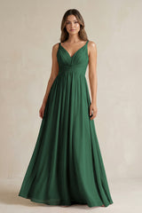 Dark Green V-Neck Pleated A-Line Chiffon Bridesmaid Dress | KISSBRIDAL