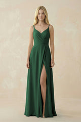 Dark Green V-Neck Ruched Chiffon Bridesmaid Dress with Slit | KISSBRIDAL