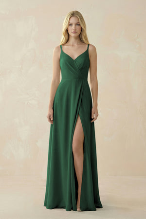 Dark Green V-Neck Ruched Chiffon Bridesmaid Dress with Slit | KISSBRIDAL