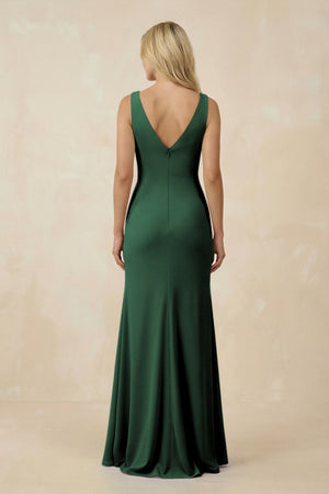 Dark Green V-Neck Ruched Sheath Bridesmaid Dress with Slit (2) | KISSBRIDAL