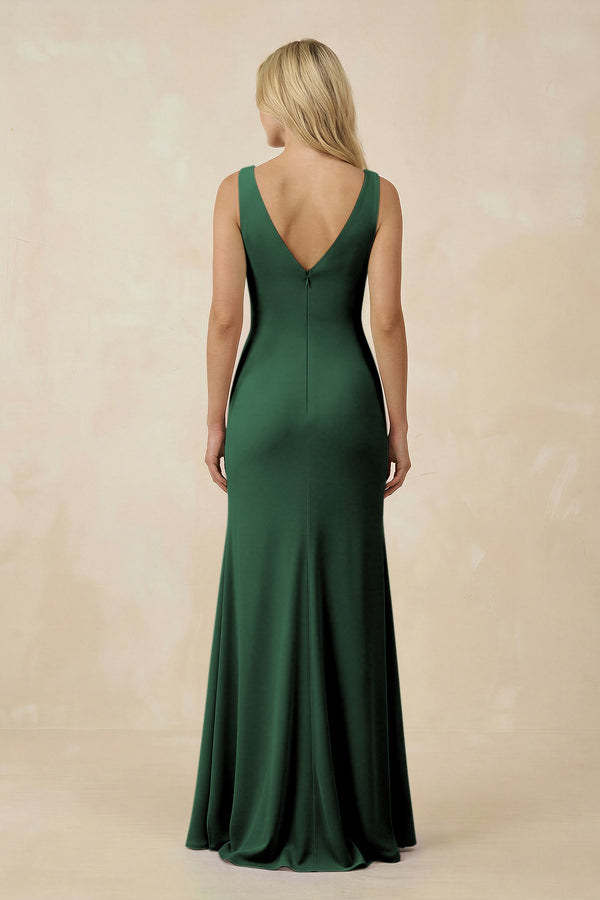 Dark Green V-Neck Ruched Sheath Bridesmaid Dress with Slit (2) | KISSBRIDAL