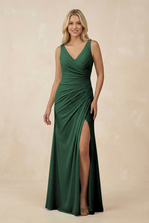 Dark Green V-Neck Ruched Sheath Bridesmaid Dress with Slit | KISSBRIDAL