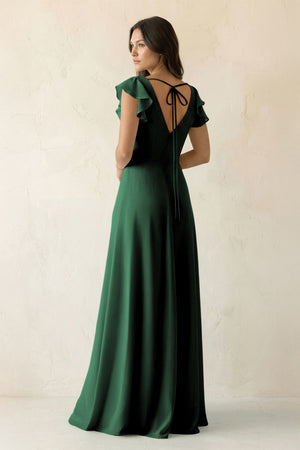Dark Green V-Neck Ruffled A-Line Chiffon Bridesmaid Dress (2) | KISSBRIDAL