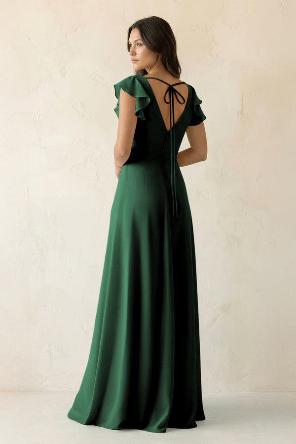 Dark Green V-Neck Ruffled A-Line Chiffon Bridesmaid Dress (2) | KISSBRIDAL