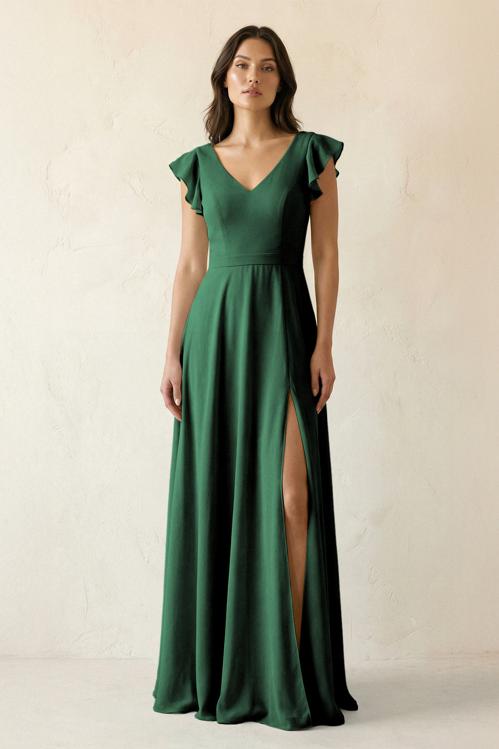 V-Neck Ruffled A-Line Chiffon Bridesmaid Dress in Dark Green