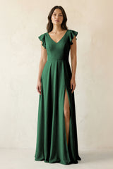 Dark Green V-Neck Ruffled A-Line Chiffon Bridesmaid Dress | KISSBRIDAL