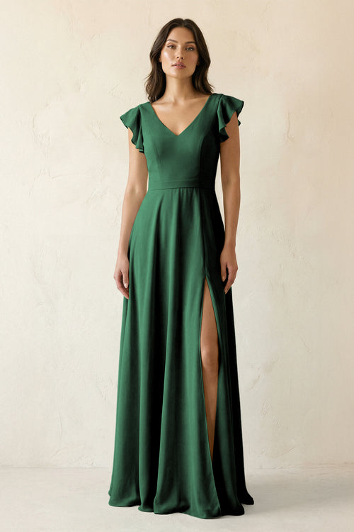 Dark Green V-Neck Ruffled A-Line Chiffon Bridesmaid Dress | KISSBRIDAL