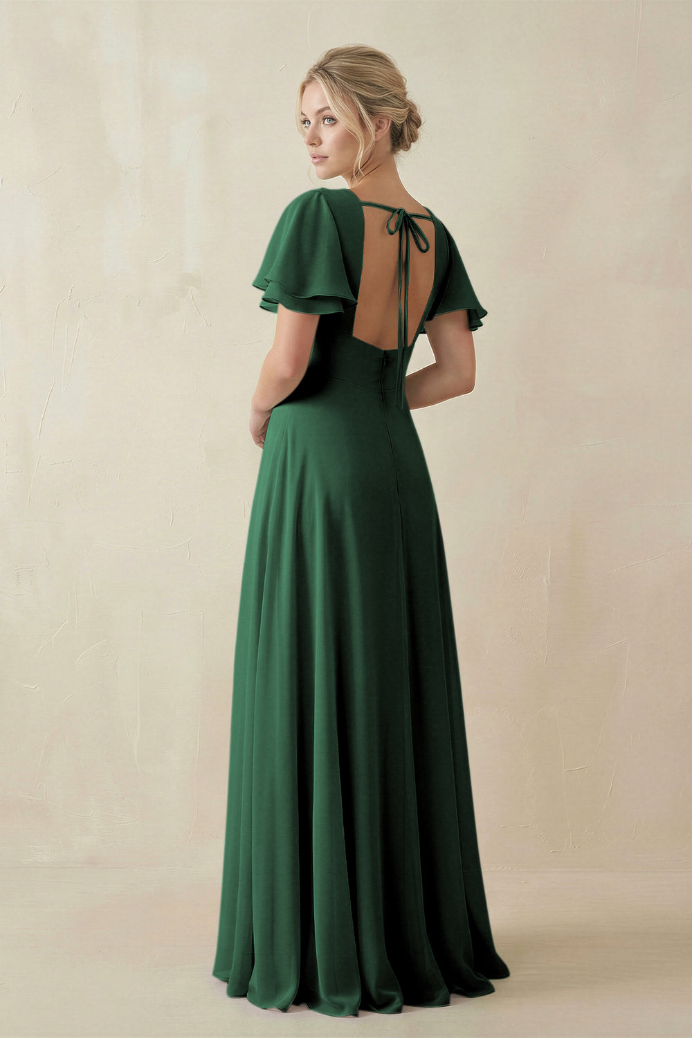 V-Neck Ruffled Short Sleeves A-Line Bridesmaid Dress in Dark Green