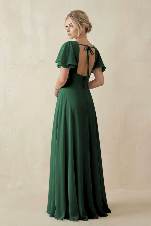 Dark Green V-Neck Ruffled Short Sleeves A-Line Bridesmaid Dress (2) | KISSBRIDAL