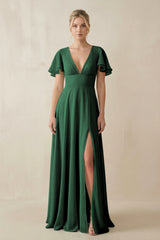 Dark Green V-Neck Ruffled Short Sleeves A-Line Bridesmaid Dress | KISSBRIDAL