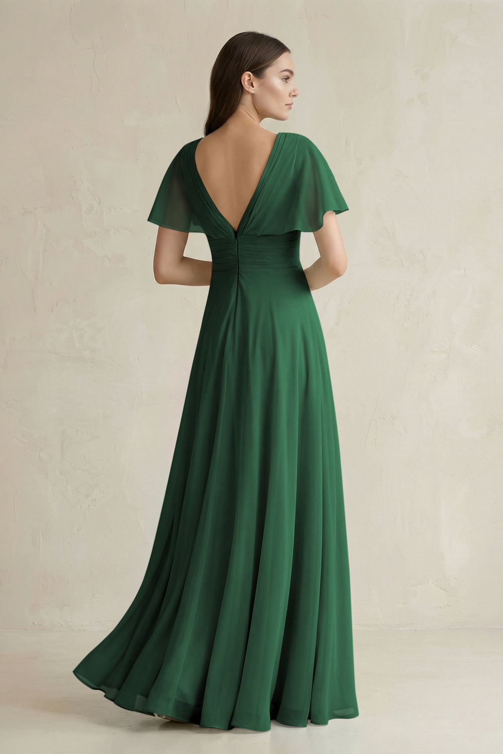 V-Neck Ruffled Sleeve A-Line Chiffon Bridesmaid Dress in Dark Green