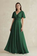 Dark Green V-Neck Ruffled Sleeve A-Line Chiffon Bridesmaid Dress | KISSBRIDAL