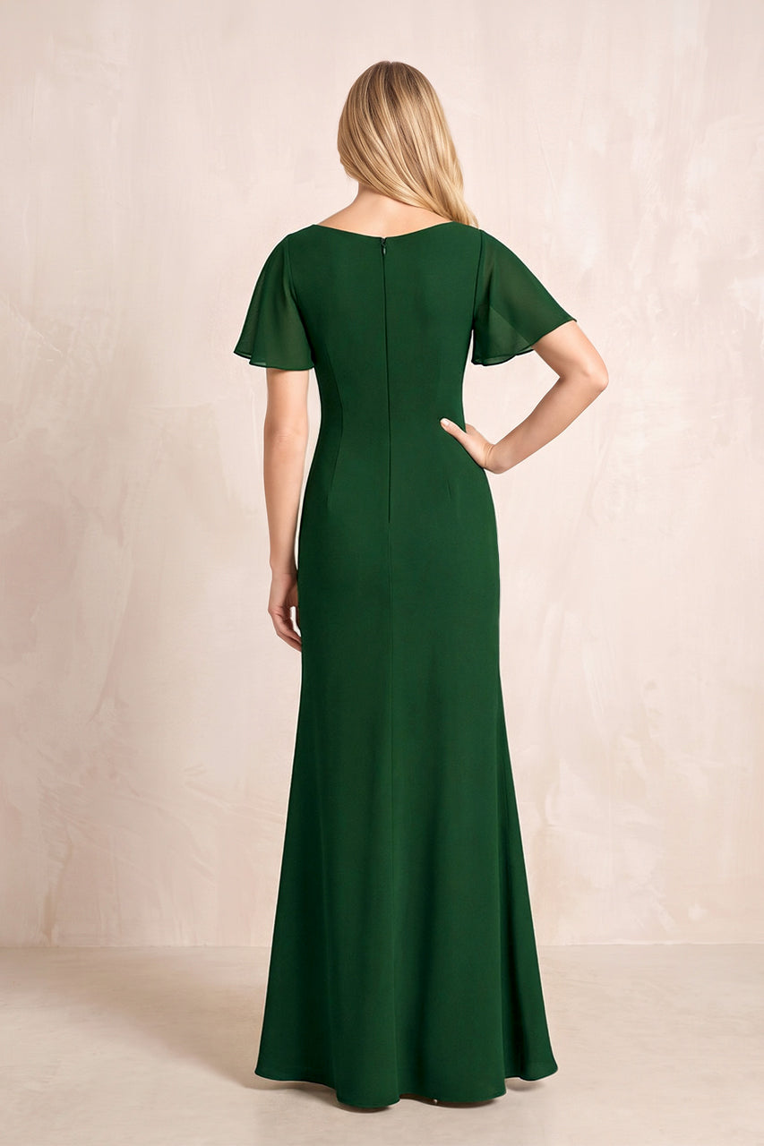 Dark Green V-Neck Sheath Chiffon Ruffled Short Sleeves Mother of the Bride Dress with Slit