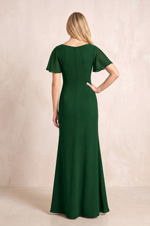 Dark Green V-Neck Sheath Chiffon Ruffled Short Sleeves Mother of the Bride Dress with Slit (2) | KISSBRIDAL