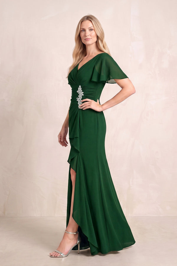 Dark Green V-Neck Sheath Chiffon Ruffled Short Sleeves Mother of the Bride Dress with Slit (3) | KISSBRIDAL